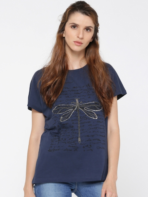 

ONLY Women Blue Printed Round Neck T-shirt