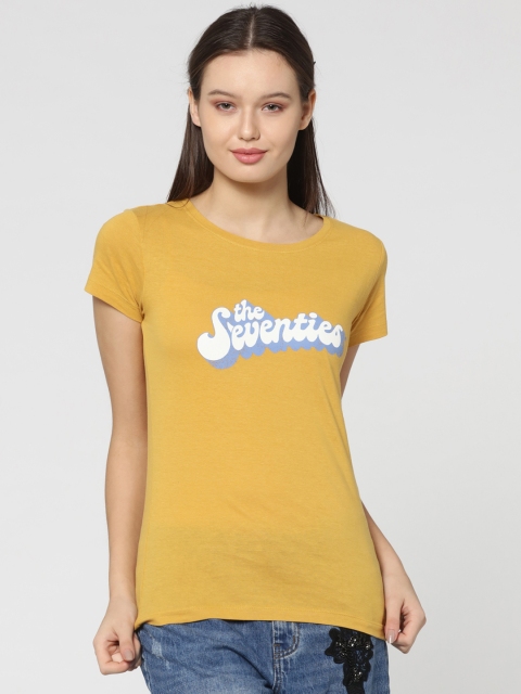 

ONLY Women Yellow Printed Round Neck Pure Cotton T-shirt