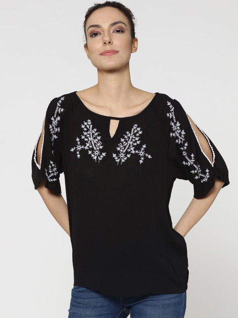 

ONLY Women Black Self Design Top