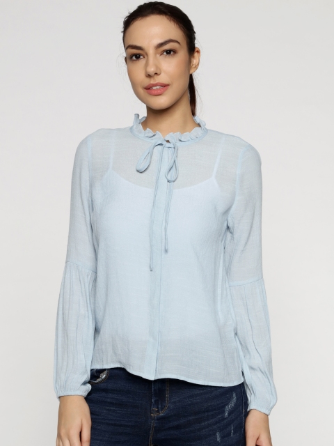 

ONLY Women Blue Solid Shirt Style Semi Sheer Top