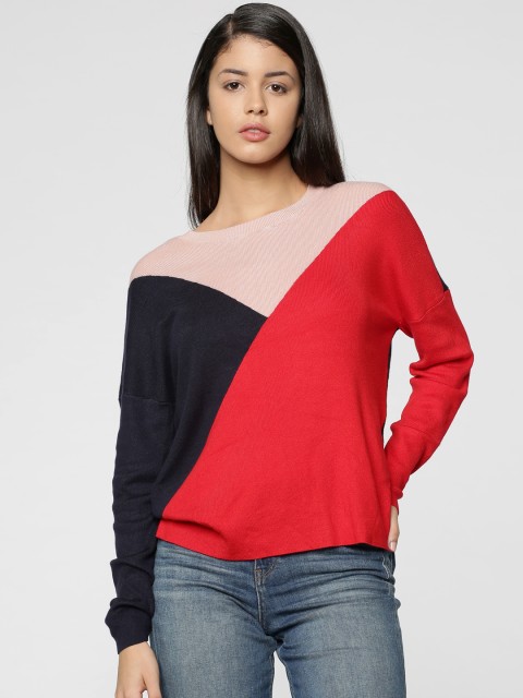 

ONLY Women Red & Navy Colourblocked Pullover