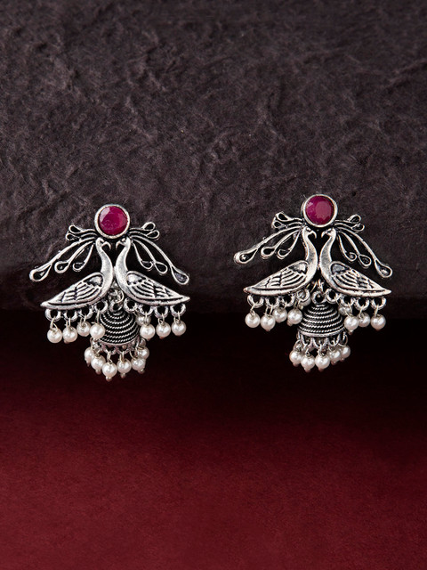 

Rubans Silver-Toned & Red Peacock Shaped Jhumkas