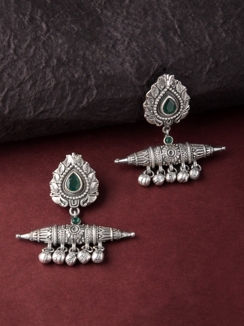 

Rubans Silver-Toned & Green Classic Drop Handcrafted Earrings