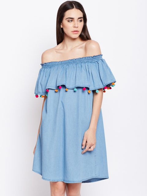 

Oxolloxo Women Blue Solid A-Line Bardot Dress