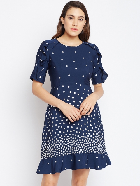 

Oxolloxo Women Navy Blue Printed Fit and Flare Dress