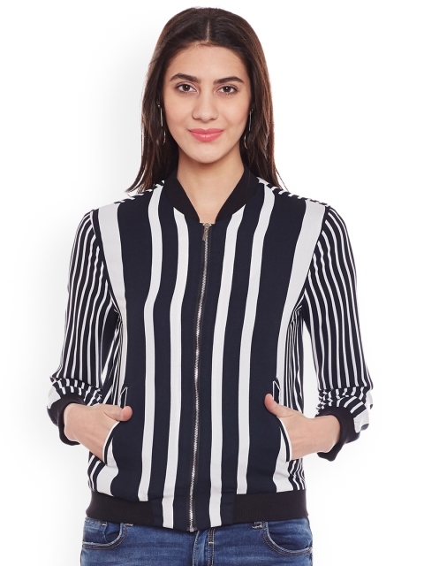 

Oxolloxo Women Navy Blue & White Striped Bomber Jacket