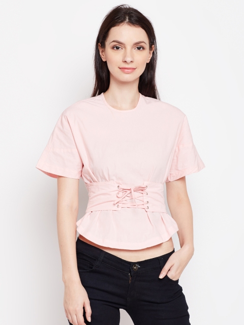 

Oxolloxo Women Pink Solid Cinched Waist Crop Top