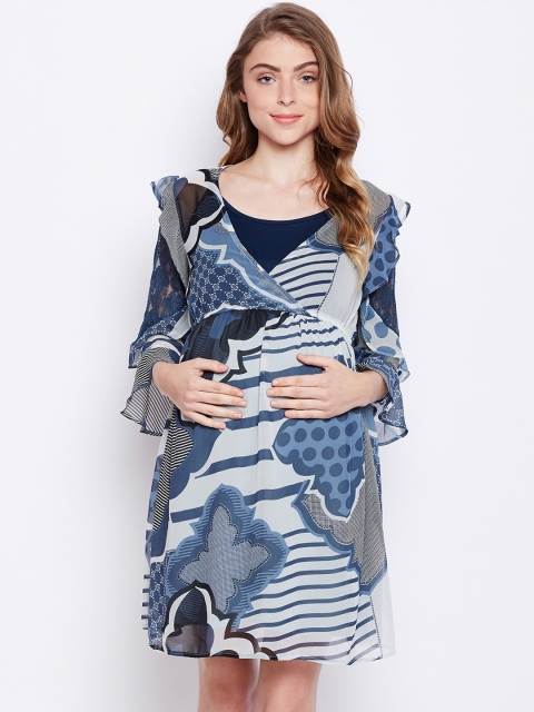 

Oxolloxo Women Blue Printed Maternity Empire Dress
