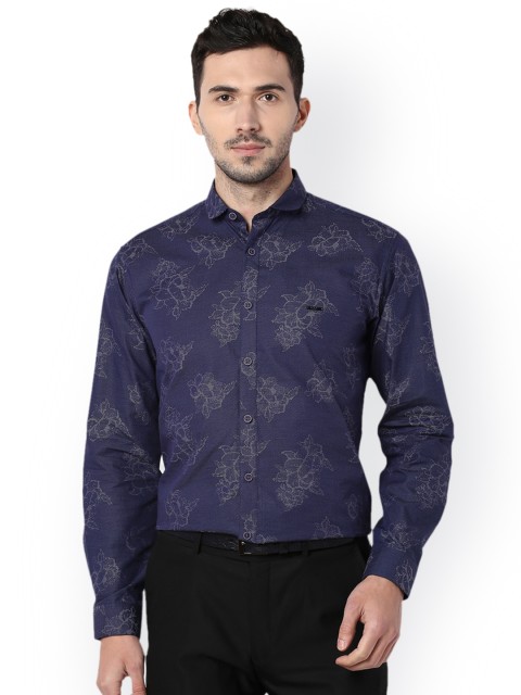 

V Dot Men Navy Blue & Off-White Slim Fit Printed Formal Shirt