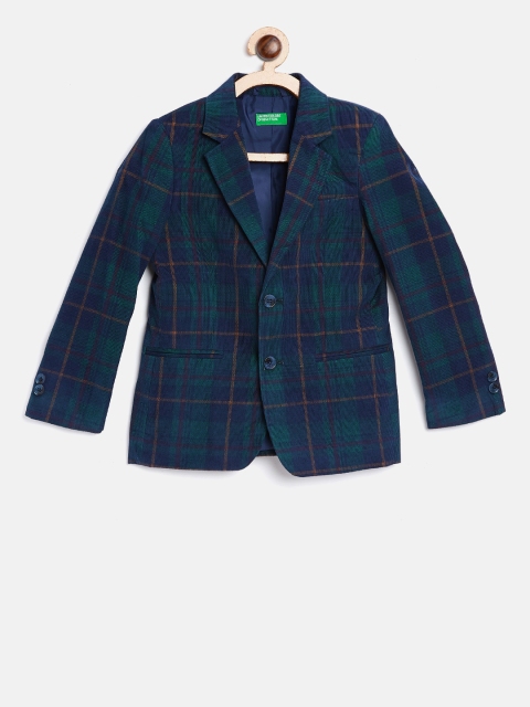 

United Colors of Benetton Boys Navy & Green Checked Single-Breasted Casual Blazer, Navy blue
