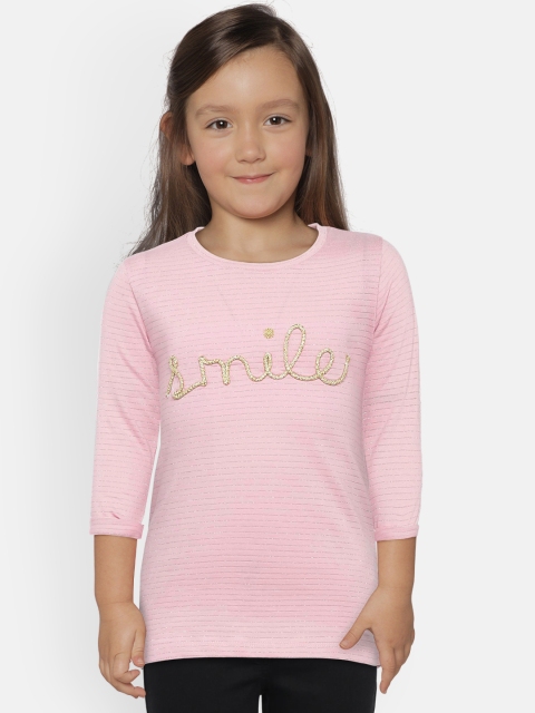 United Colors of Benetton Girls Pink Self-Striped Round Neck T-shirt