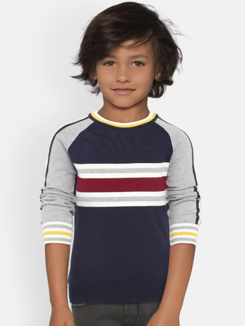 

United Colors of Benetton Boys Navy Blue & Grey Melange Striped Pullover