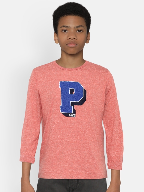 

United Colors of Benetton Boys Coral Orange Applique Round Neck T-shirt