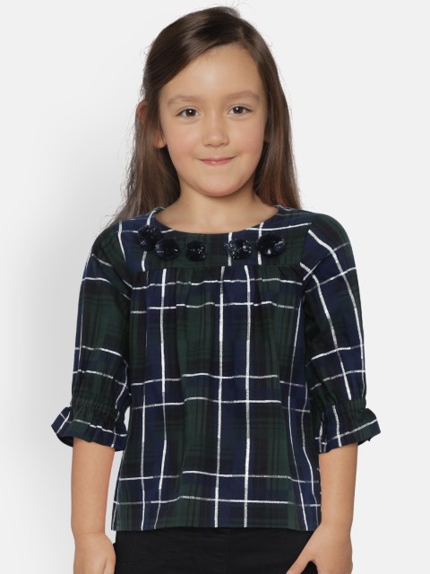 

United Colors of Benetton Girls Green & Navy Blue Checked A-Line Top