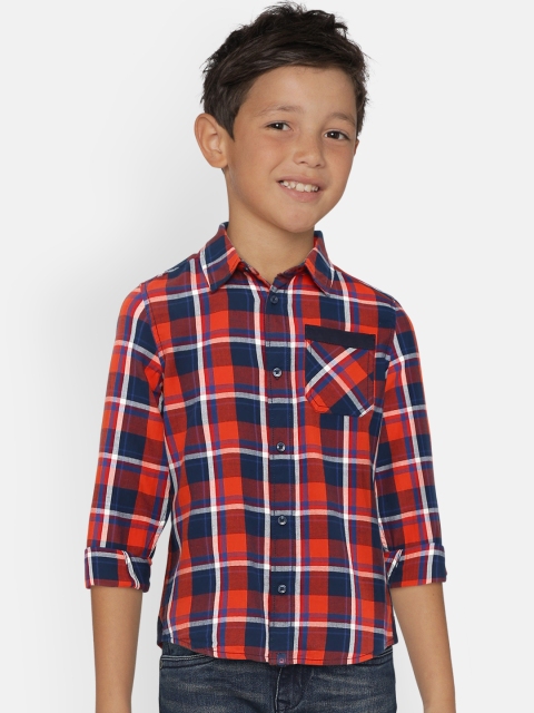 

United Colors of Benetton Boys Orange & Navy Blue Regular Fit Checked Casual Shirt