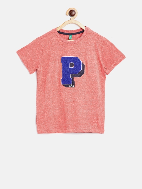 

United Colors of Benetton Boys Coral Orange Applique Round Neck T-shirt