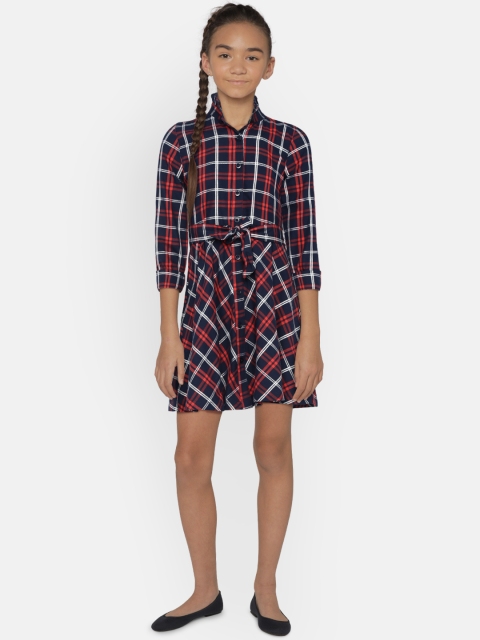 

United Colors of Benetton Girls Navy Blue & Red Checked Shirt Dress
