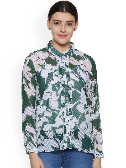 

Van Heusen Woman Women Green & White Regular Fit Printed Casual Shirt