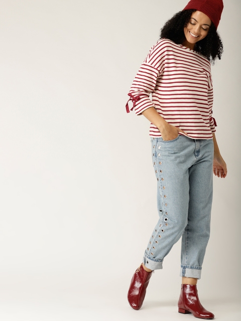 

ESPRIT Women White & Maroon Striped Boxy Top