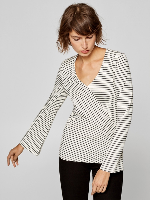 

ESPRIT Women White & Black Striped Wrap Top