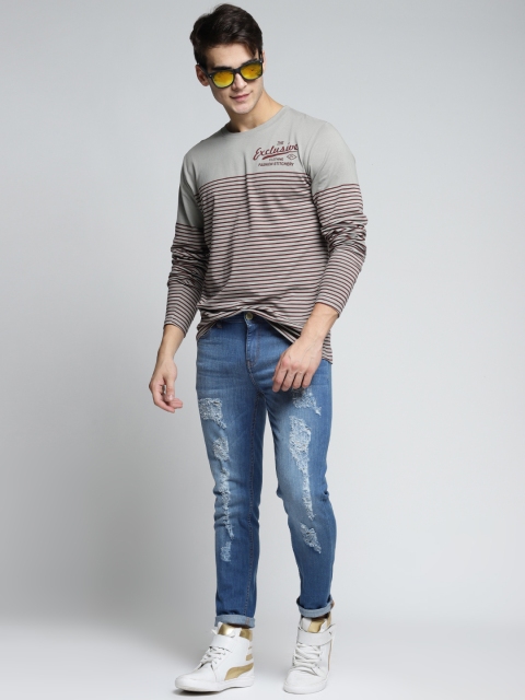 

Difference of Opinion Men Grey Striped Round Neck T-shirt