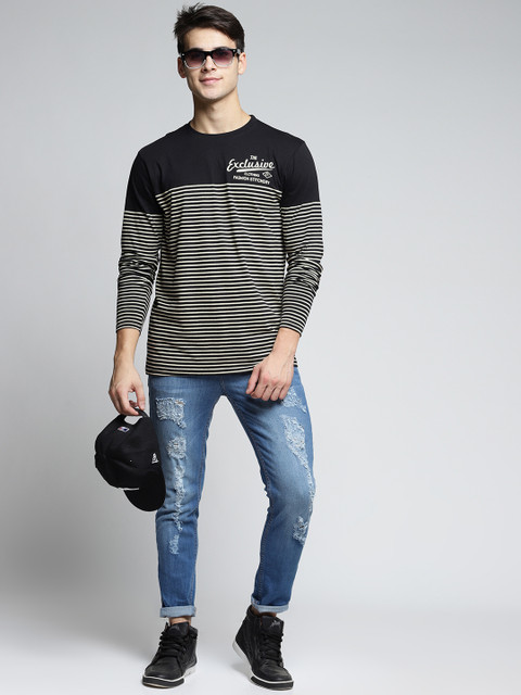 

Difference of Opinion Men Black & White Striped Round Neck T-shirt