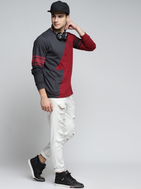 

Difference of Opinion Men Charcoal & Maroon Colourblocked Round Neck T-shirt