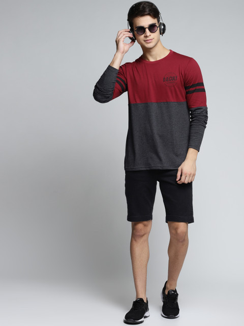 

Difference of Opinion Men Maroon & Grey Colourblocked Round Neck T-shirt