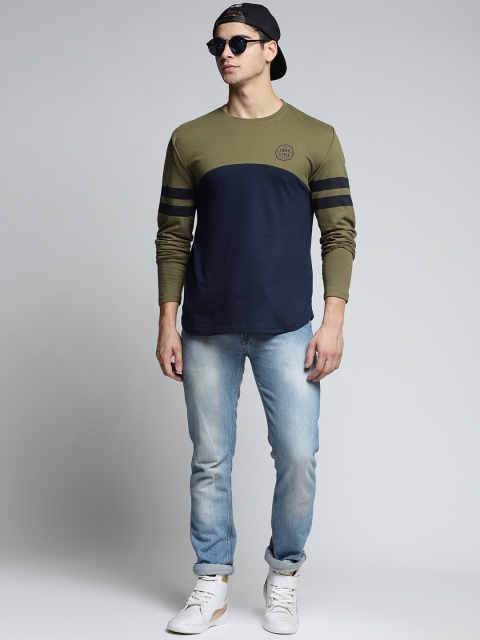 

Difference of Opinion Men Olive Green & Navy Blue Colourblocked Round Neck T-shirt