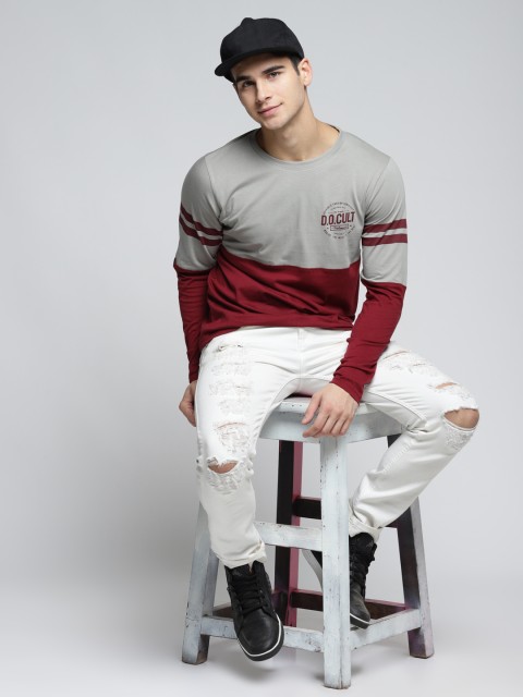 

Difference of Opinion Men Grey & Maroon Colourblocked Round Neck T-shirt