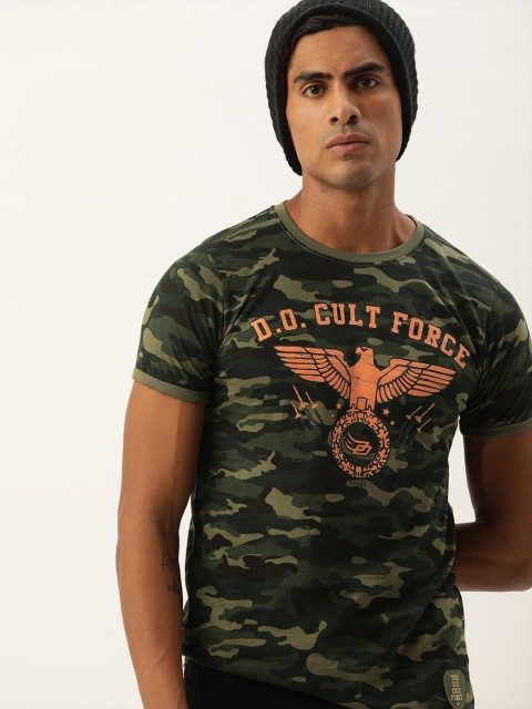 

Difference of Opinion Men Khaki Green Camouflage Printed Round Neck Pure Cotton T-shirt