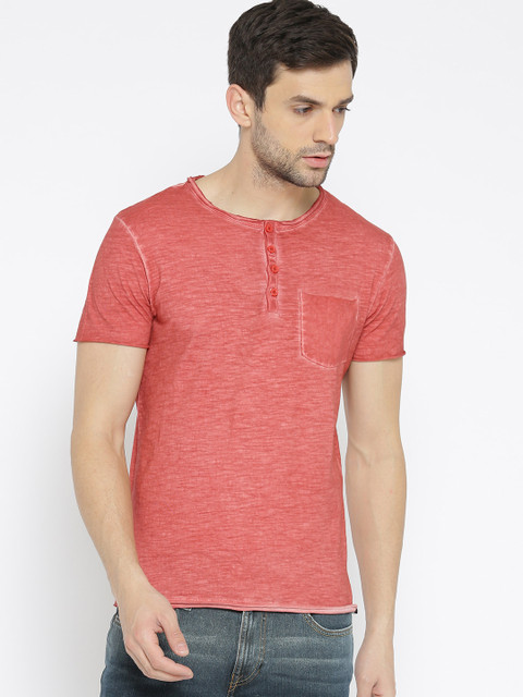 

Jack & Jones Men Peach-Coloured Solid Henley Neck T-shirt