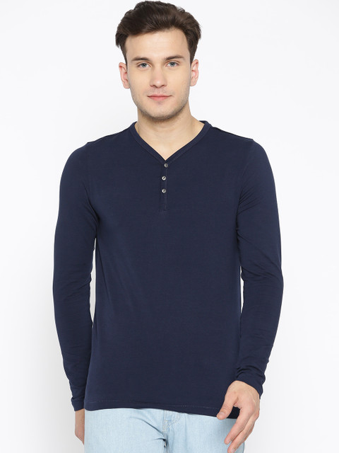 

Jack & Jones Men Navy Blue Solid Henley Neck T-shirt
