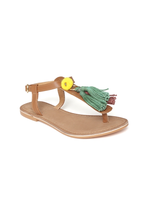 

Zebba Women Brown & Green Solid T-Strap Flats with Tasselled Detail