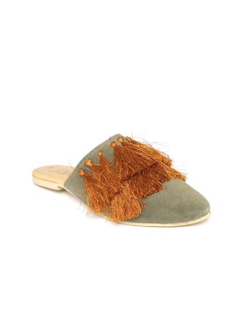 

Zebba Women Olive Green & Mustard Brown Leather Tasselled Mules
