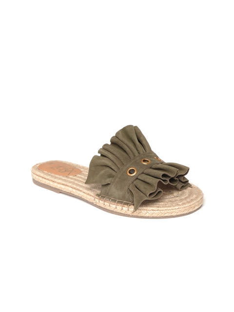 

Zebba Women Olive Green Solid Open Toe Flats with Frill Detail