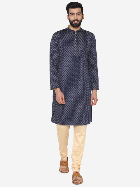 

Manyavar Men Blue & White Printed Straight Kurta