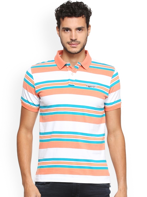 

Peter England Casuals Men White & Turquoise Blue Striped Polo Collar T-shirt