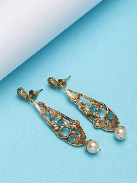 

PANASH Gold-Toned & Turquoise Blue Floral Drop Earrings