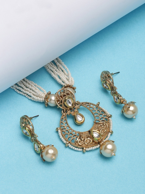

PANASH Gold-Plated & Off-White Kundan Studded Handcrafted Jewellery Set