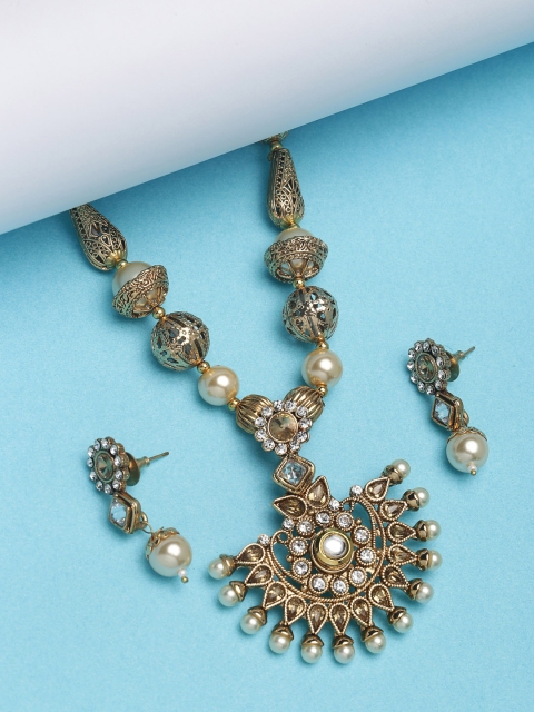 

PANASH Gold-Plated & White Kundan Studded Handcrafted Jewellery Set