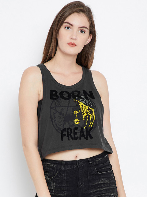 

PUNK Women Charcoal Printed Round Neck T-shirt