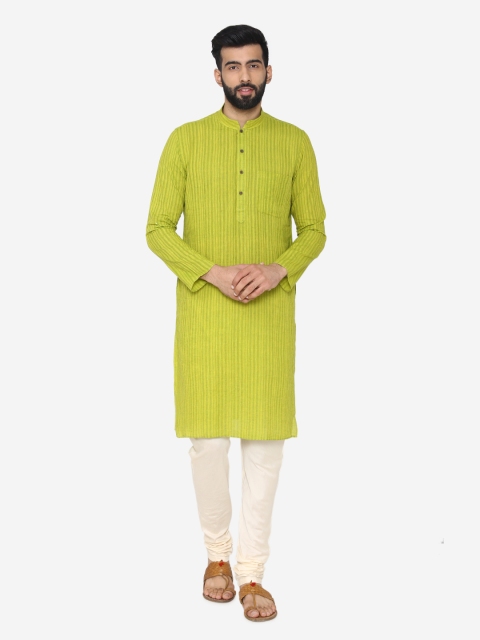 

Manyavar Men Lime Green Striped Straight Kurta