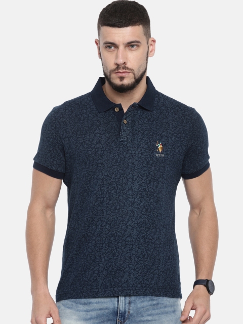 

U.S. Polo Assn. Denim Co. Men Navy Blue Printed Polo Collar Pure Cotton T-shirt