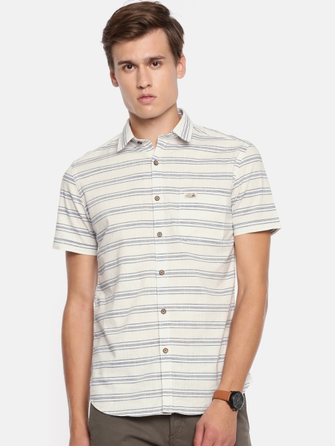 

U.S. Polo Assn. Denim Co. Men Off-White & Navy Blue Slim Fit Striped Casual Shirt