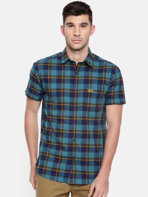 

U.S. Polo Assn. Denim Co. Men Blue & Mustard Yellow Slim Fit Checked Casual Shirt