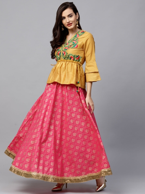 

Bhama Couture Women Mustard Yellow & Pink Embriodered Top with Skirt