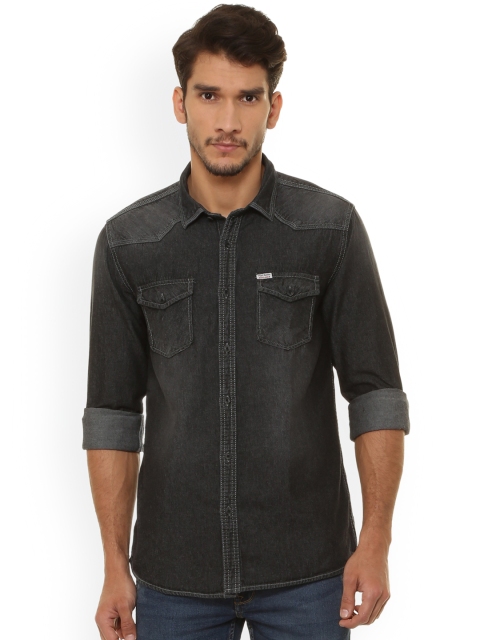 

People Men Charcoal Regular Fit Solid Denim Casual Shirt