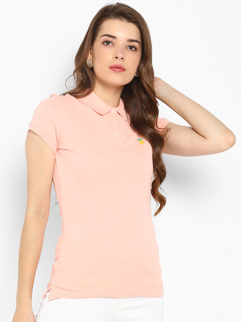 

Mode by Red Tape Women Peach-Coloured Solid Polo Collar T-shirt