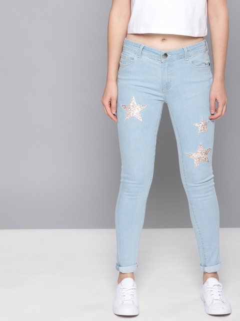 

NUSH Women Blue Regular Fit Mid-Rise Clean Look Embellished Stretchable Jeans